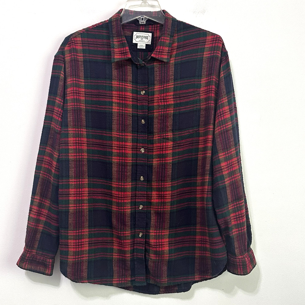 American Eagle Flannel Shirt Womans M Button Front‎ SOFT Red Plaid Pocket Cabin